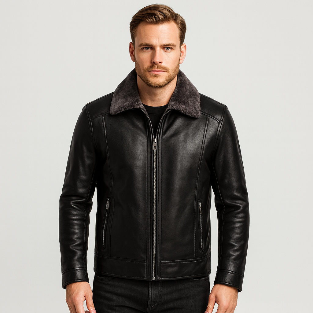 Vintares | Leather Biker Jacket with Fleece Lining and Fur Collar