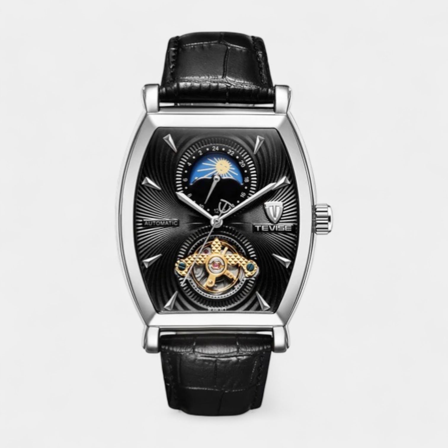 Vintares | 43 mm Tonneau Moonphase Automatic Mechanical Watch - Leather Strap