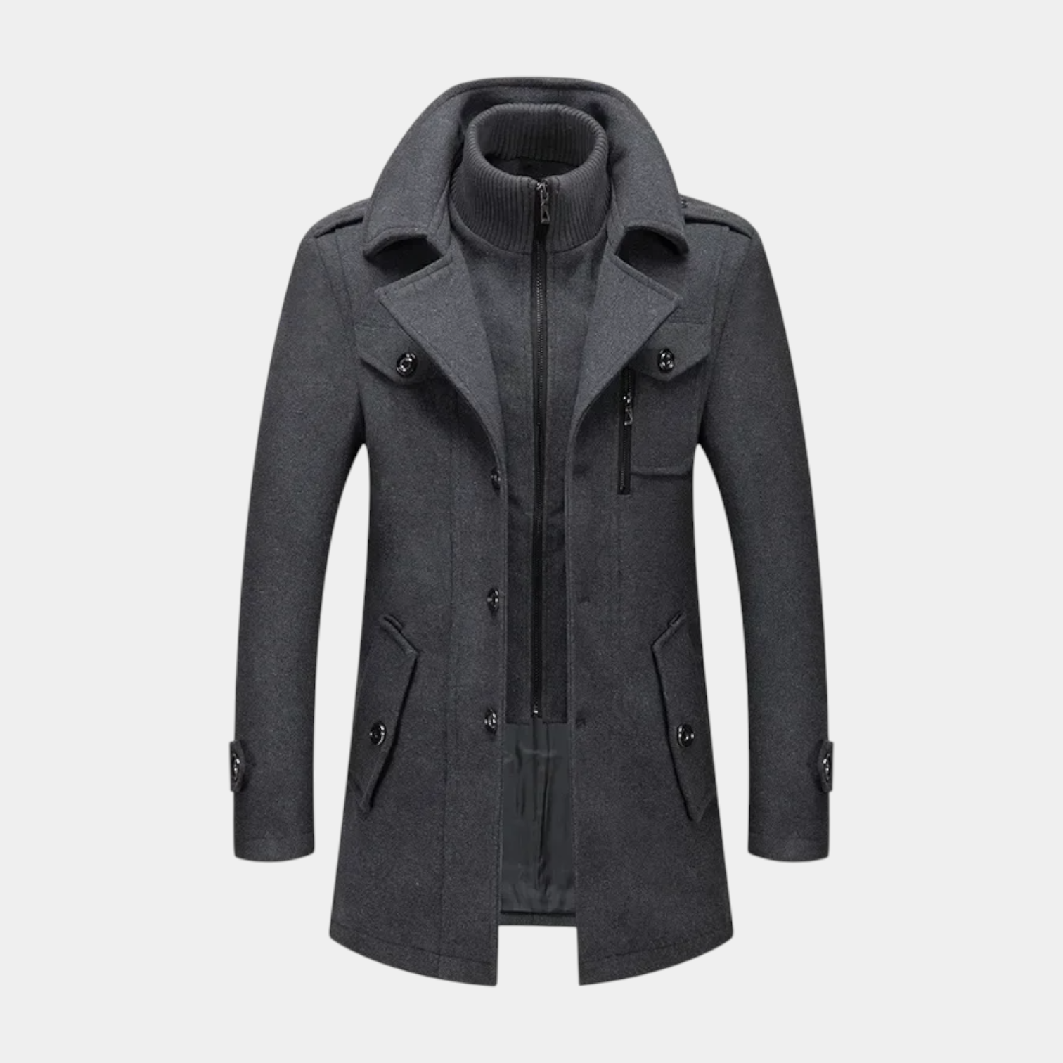 Mid-Length Wool-Style Coat Stand Collar Regular Fit for Men