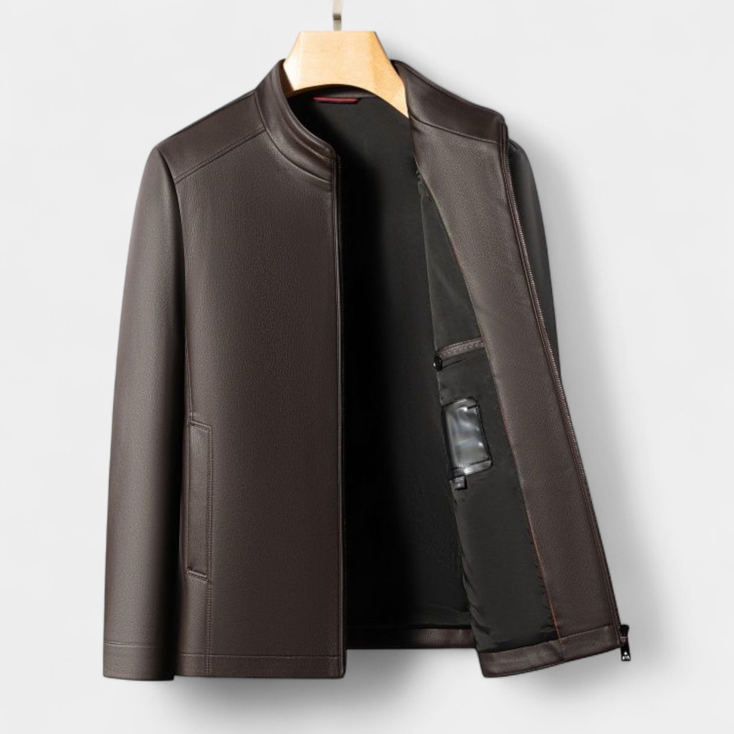 Vintares | Genuine Leather Stand Collar Jacket for Men – Minimalist Zip-Up Outerwear