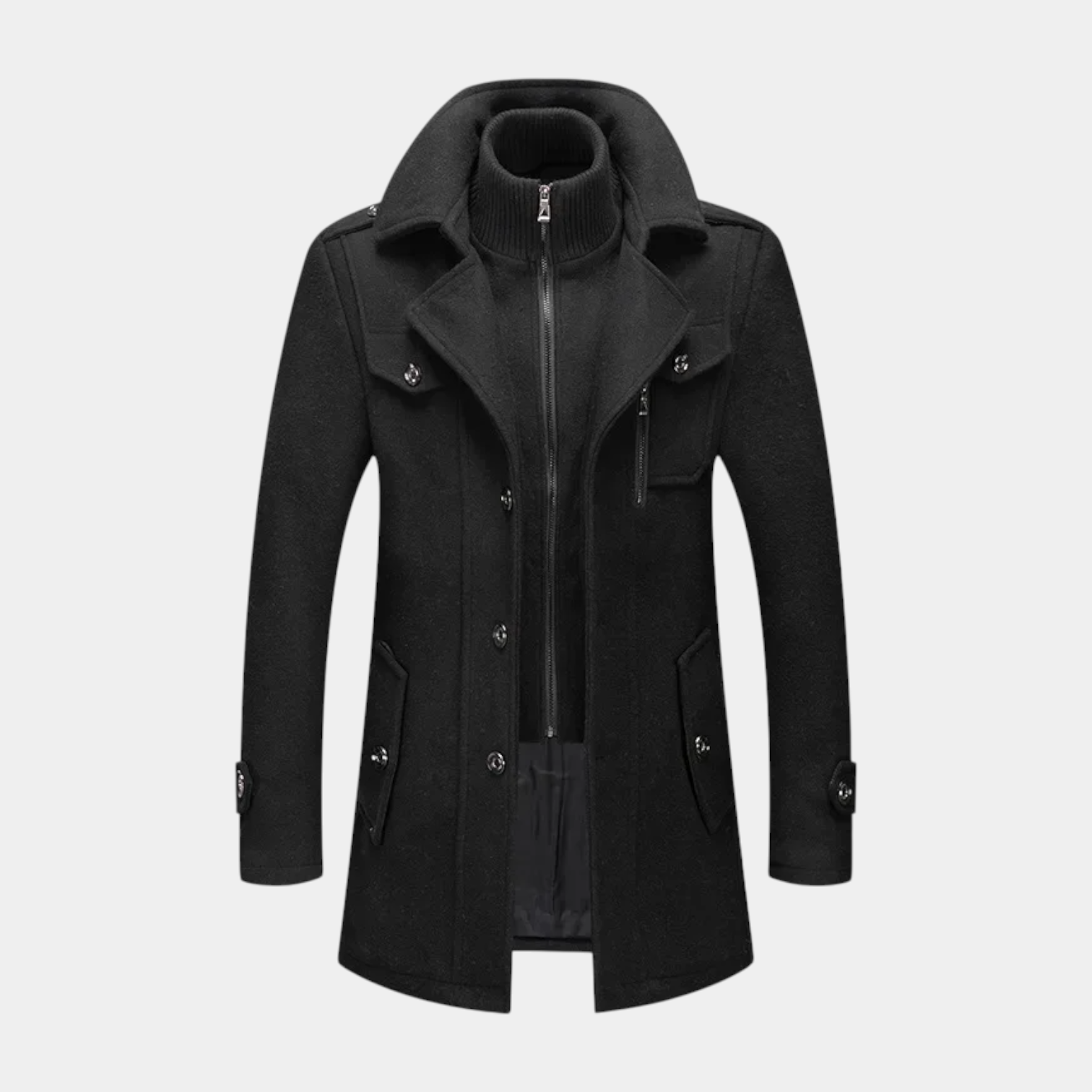 Mid-Length Wool-Style Coat Stand Collar Regular Fit for Men