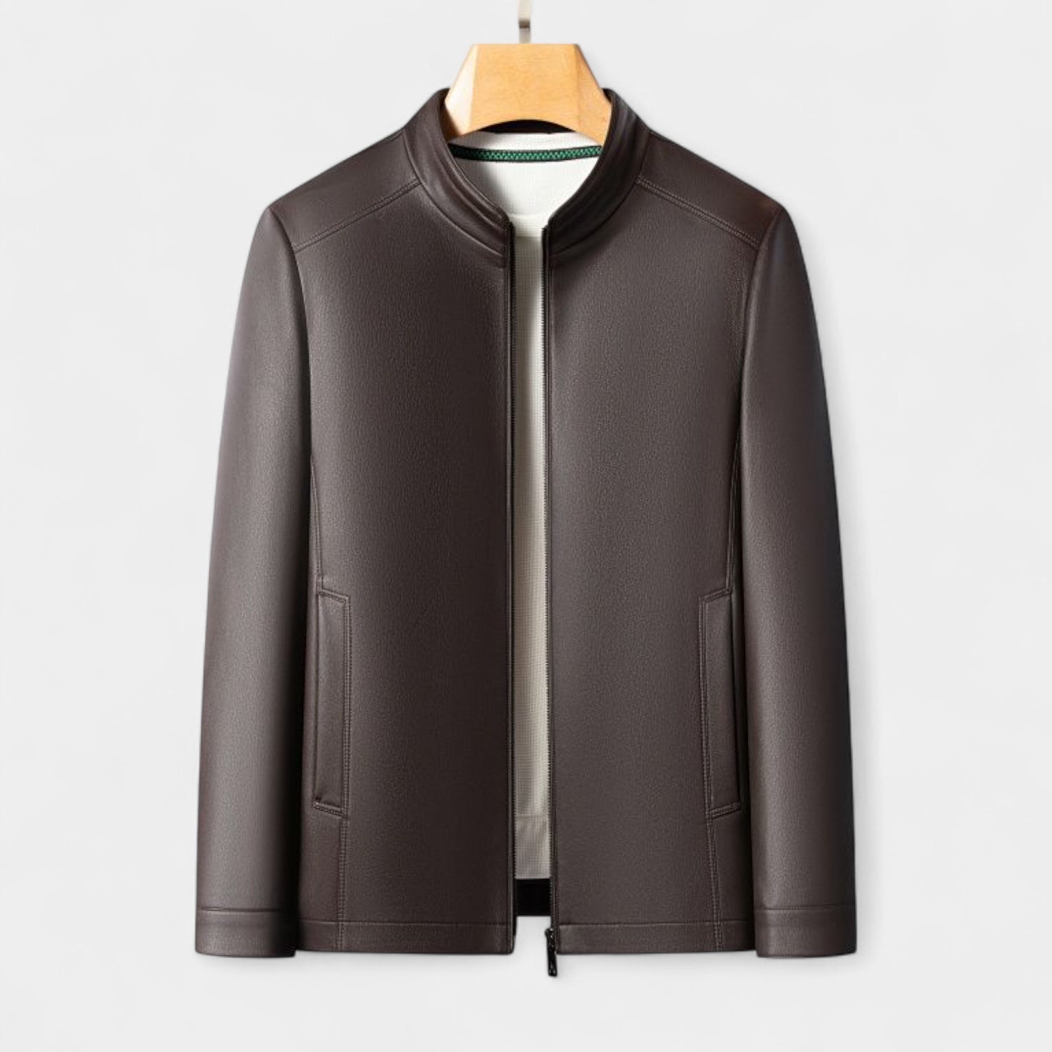 Vintares | Genuine Leather Stand Collar Jacket for Men – Minimalist Zip-Up Outerwear
