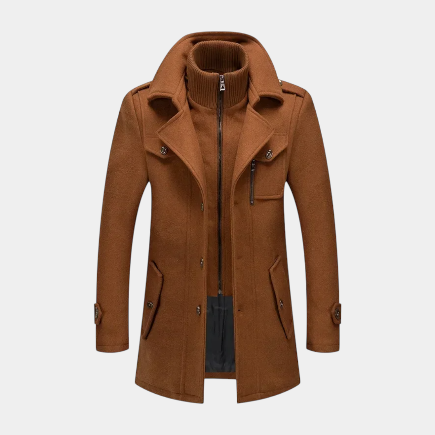 Mid-Length Wool-Style Coat Stand Collar Regular Fit for Men