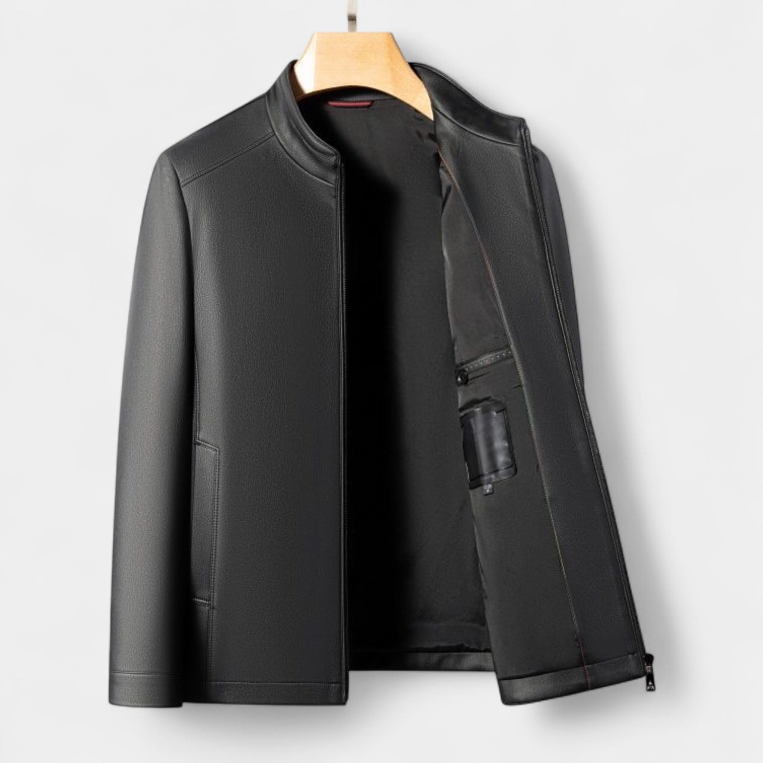 Vintares | Genuine Leather Stand Collar Jacket for Men – Minimalist Zip-Up Outerwear