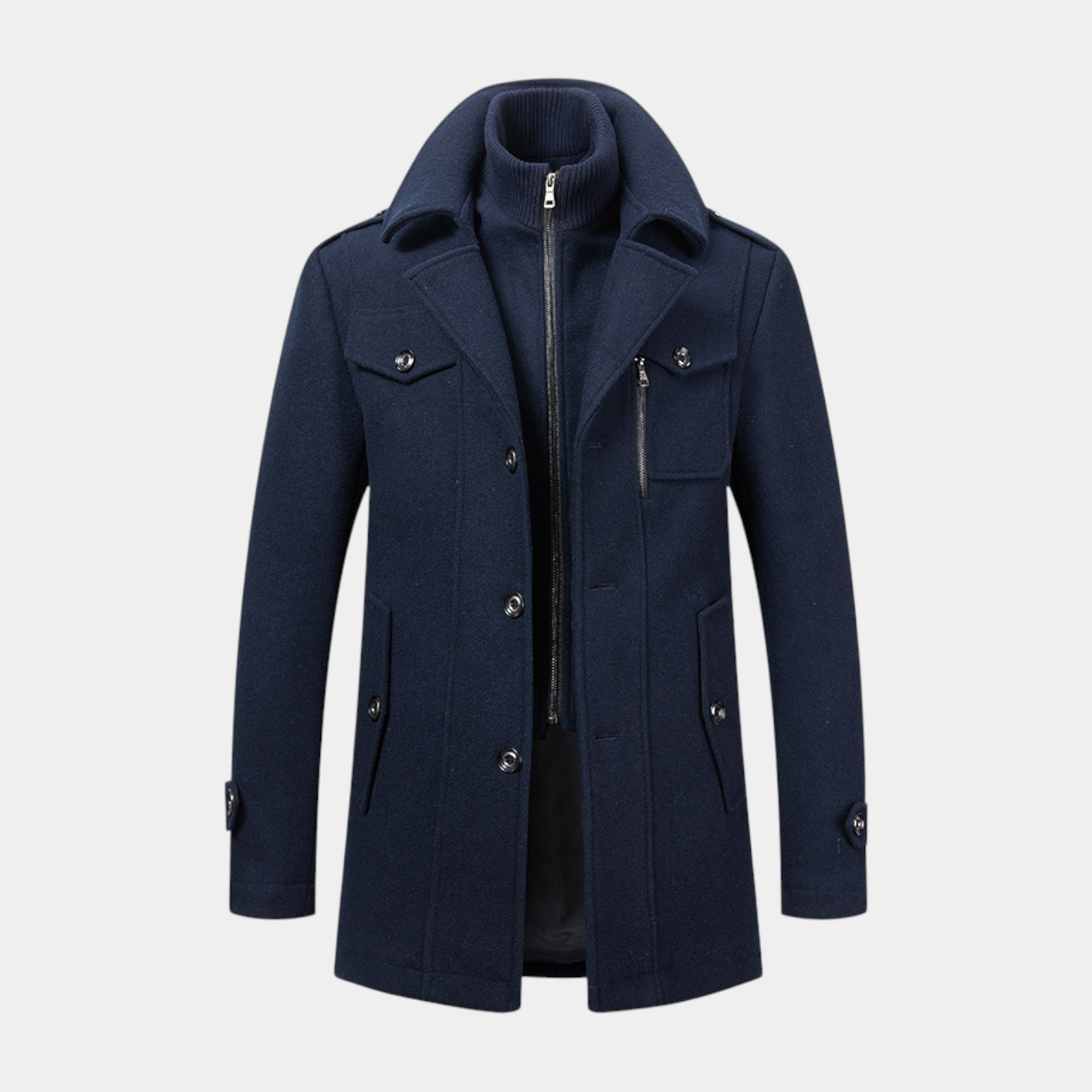 Mid-Length Wool-Style Coat Stand Collar Regular Fit for Men