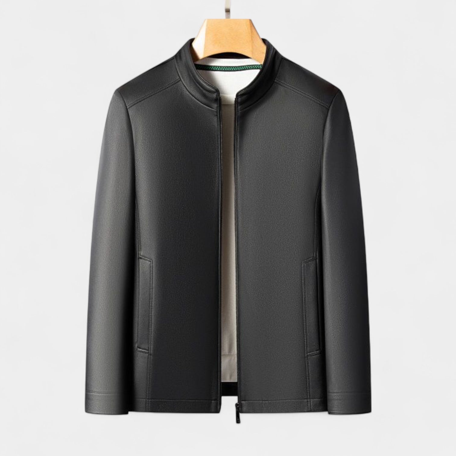 Vintares | Genuine Leather Stand Collar Jacket for Men – Minimalist Zip-Up Outerwear