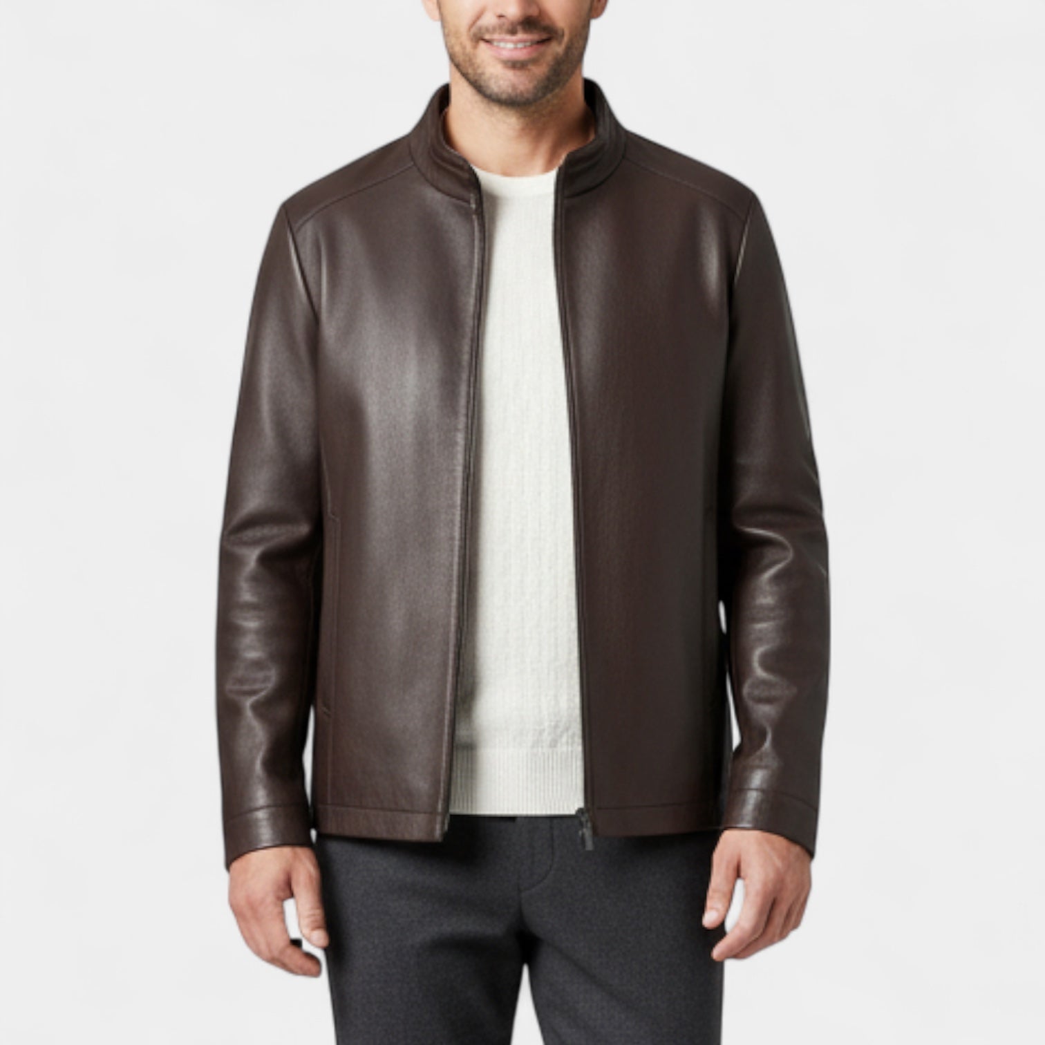 Vintares | Genuine Leather Stand Collar Jacket for Men – Minimalist Zip-Up Outerwear