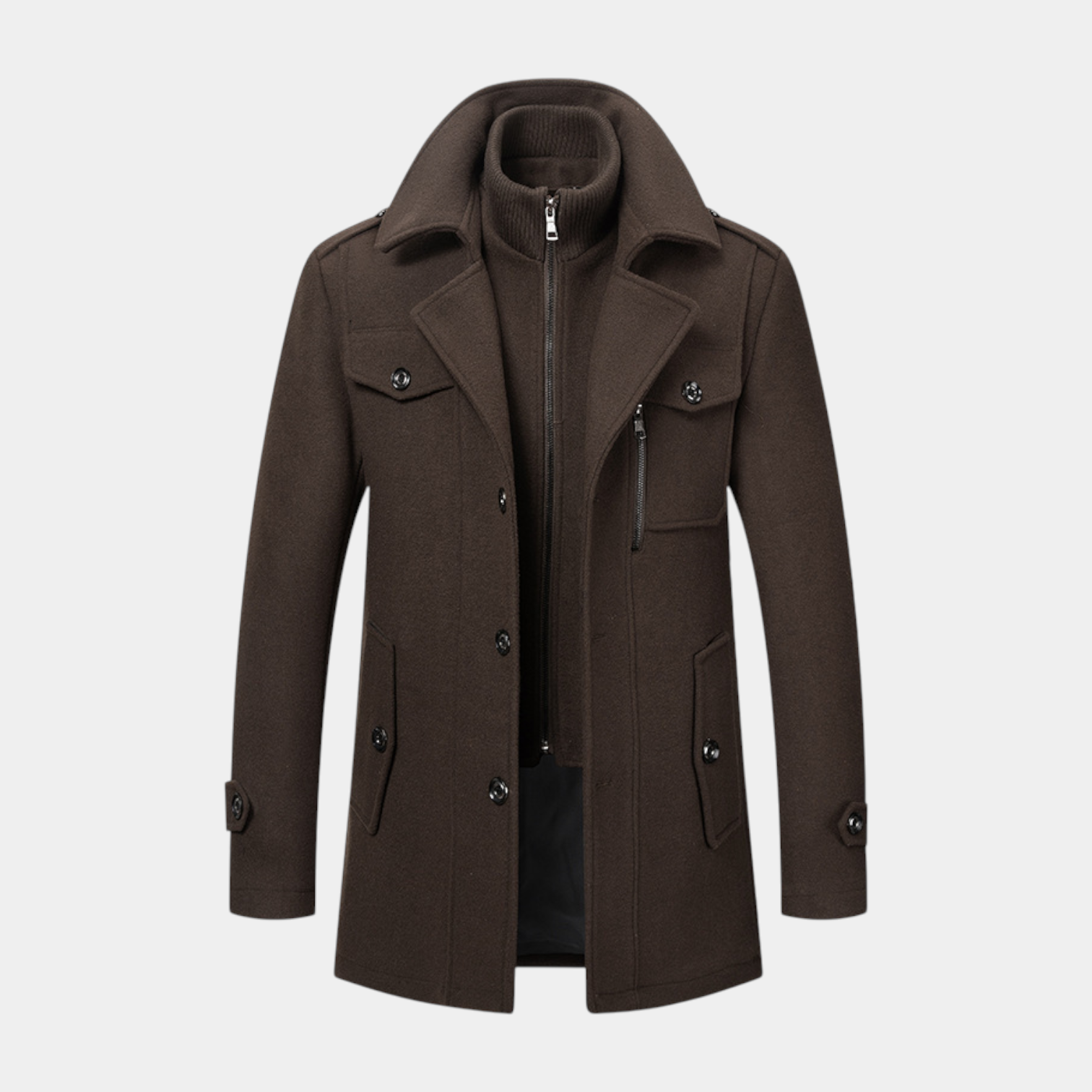 Mid-Length Wool-Style Coat Stand Collar Regular Fit for Men