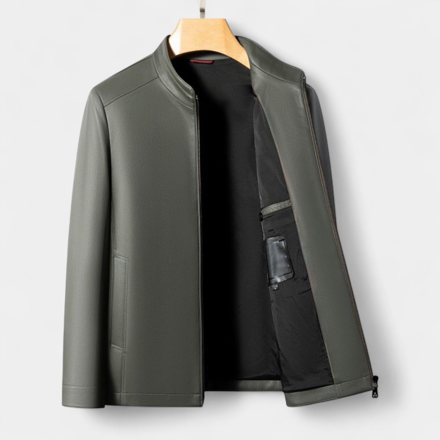 Vintares | Genuine Leather Stand Collar Jacket for Men – Minimalist Zip-Up Outerwear