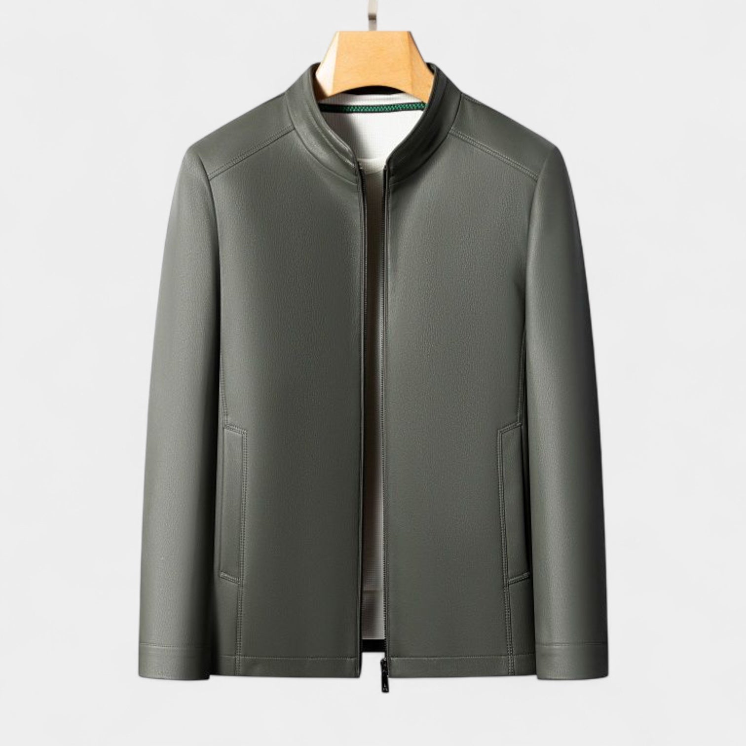 Vintares | Genuine Leather Stand Collar Jacket for Men – Minimalist Zip-Up Outerwear