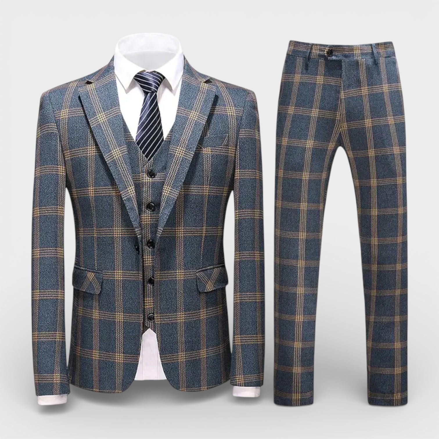 Vintares | Men’s Three Piece Checked Suit Button Up Blazer Vest Trousers Regular Fit