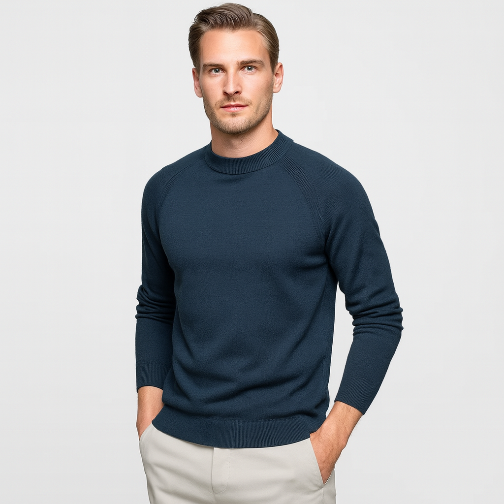 Vintares | Merino Wool Sweater with Half High Collar - Crew Neck