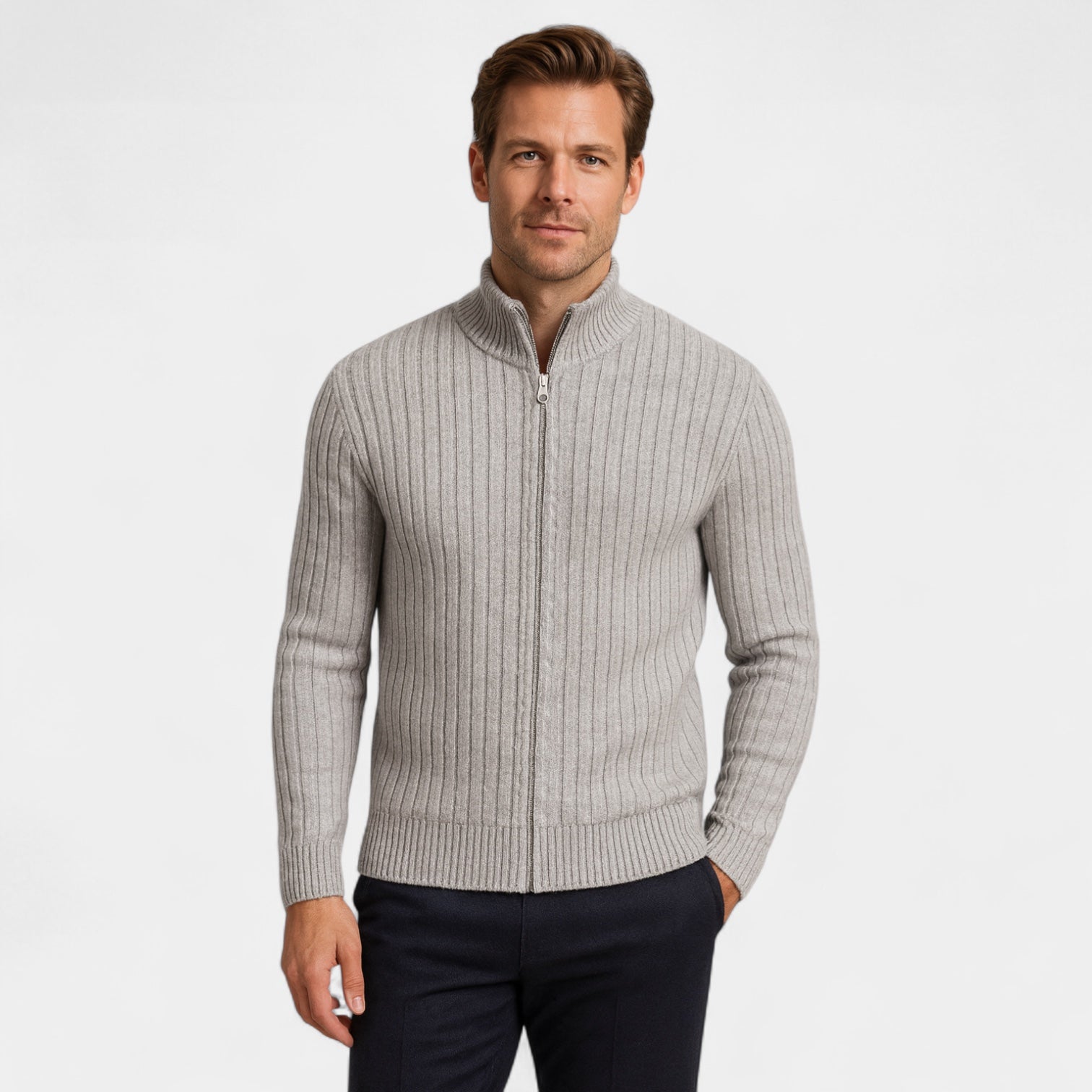 Vintares | Ribbed Wool Cardigan with Zipper for Men