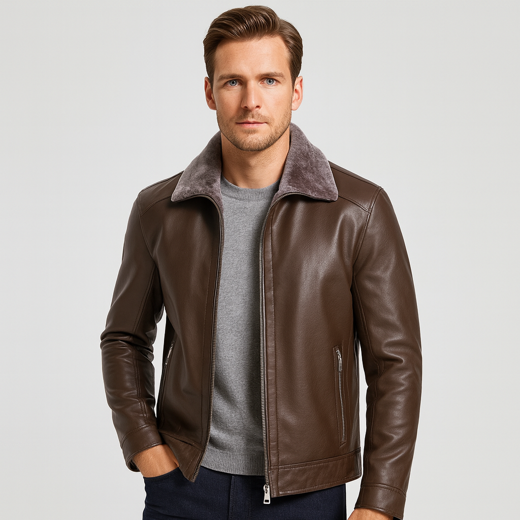 Vintares | Leather Biker Jacket with Fleece Lining and Fur Collar