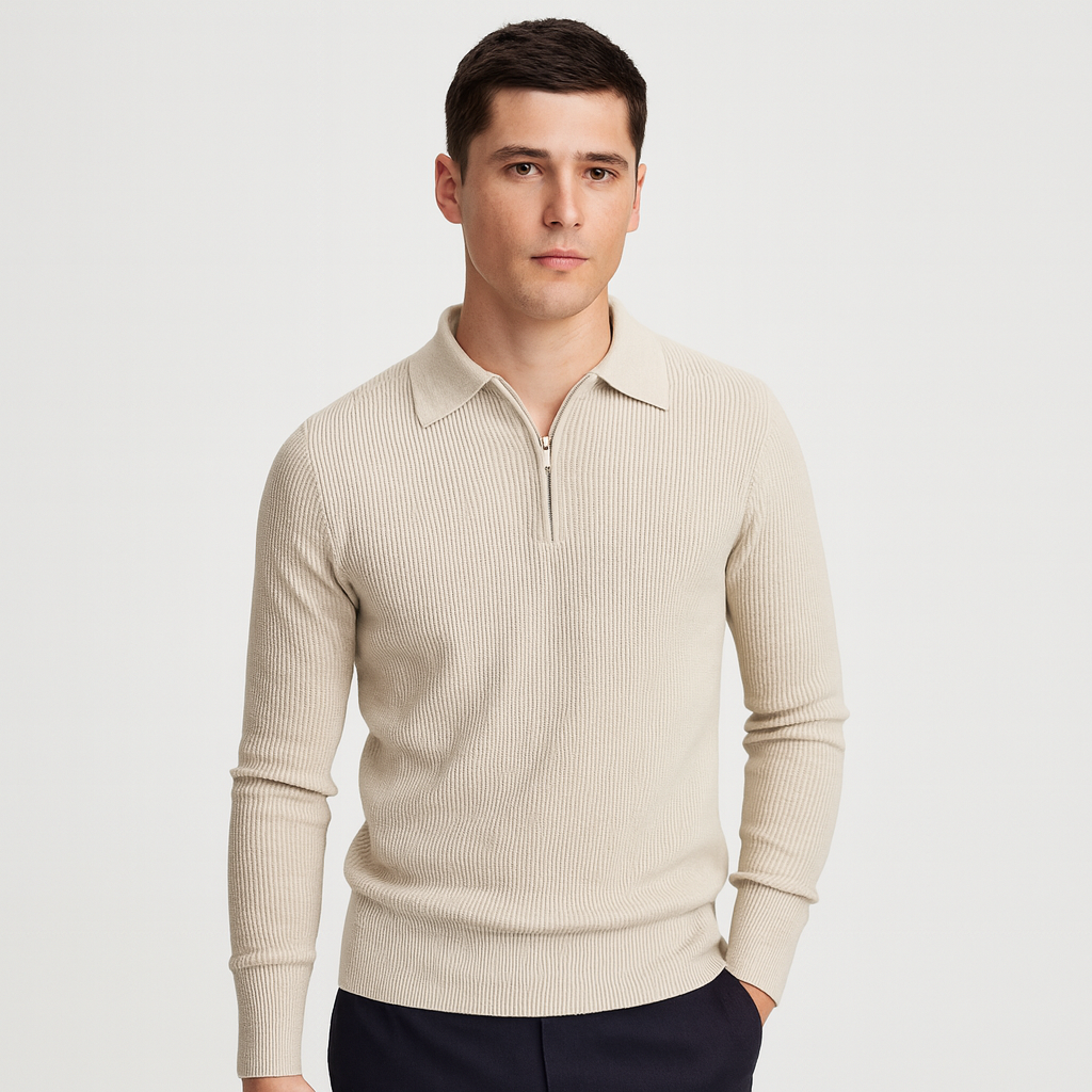 Vintares | Long Sleeve Ribbed Polo Shirt for Men