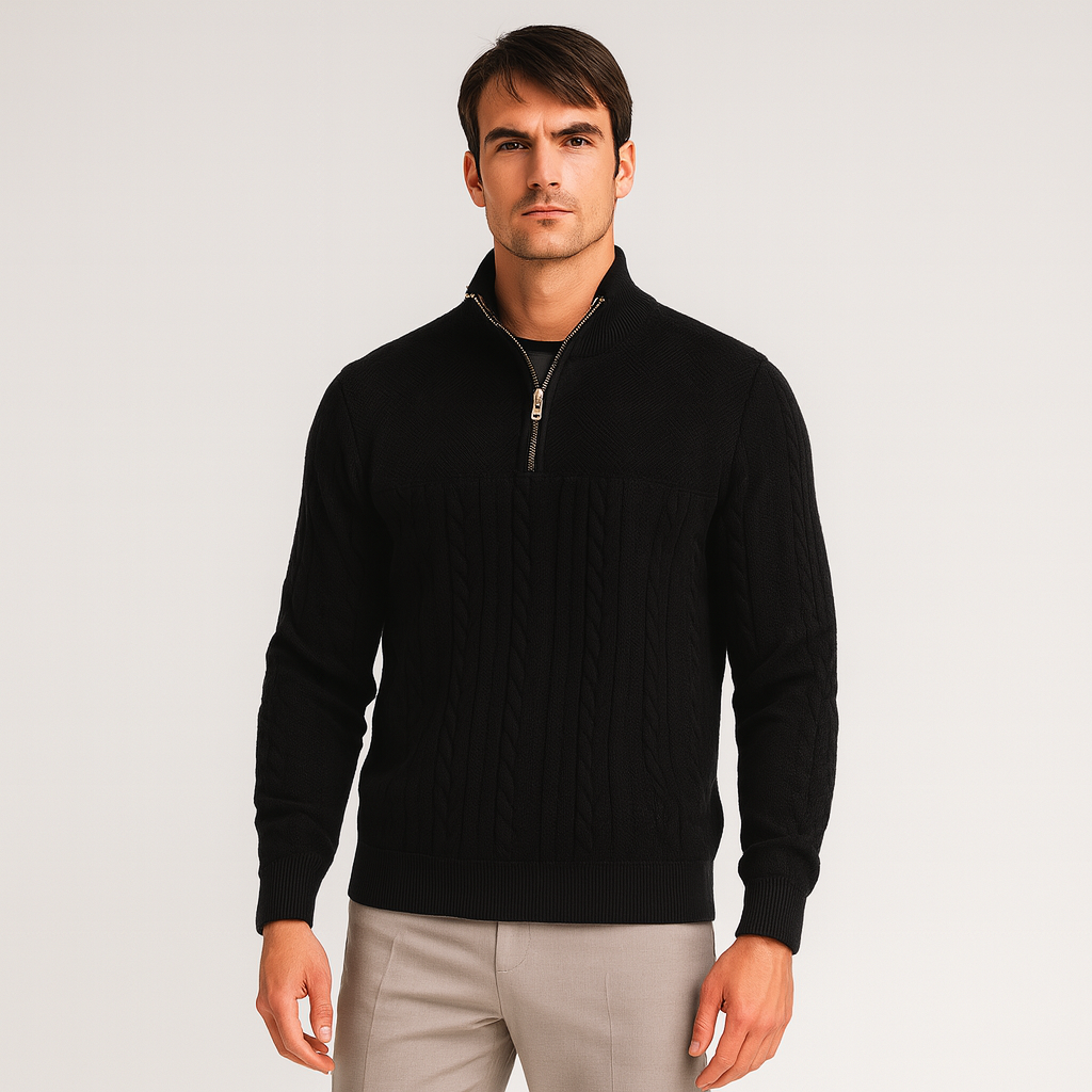 Vintares | Merino Half-Zip Sweater with High Collar - Cable Knitted