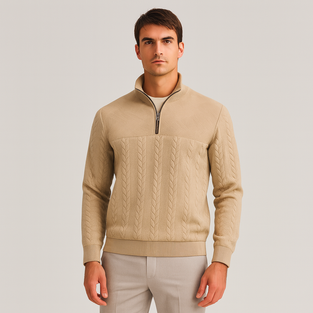 Vintares | Merino Half-Zip Sweater with High Collar - Cable Knitted