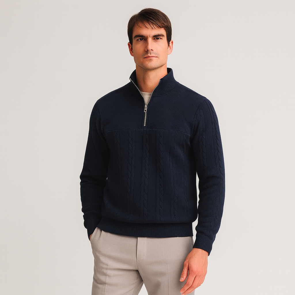 Vintares | Merino Half-Zip Sweater with High Collar - Cable Knitted