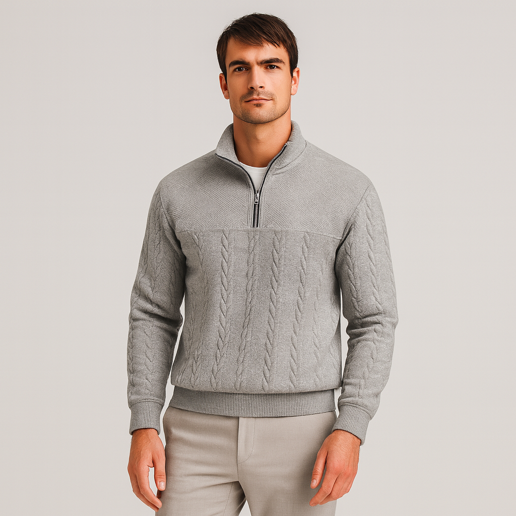 Vintares | Merino Half-Zip Sweater with High Collar - Cable Knitted