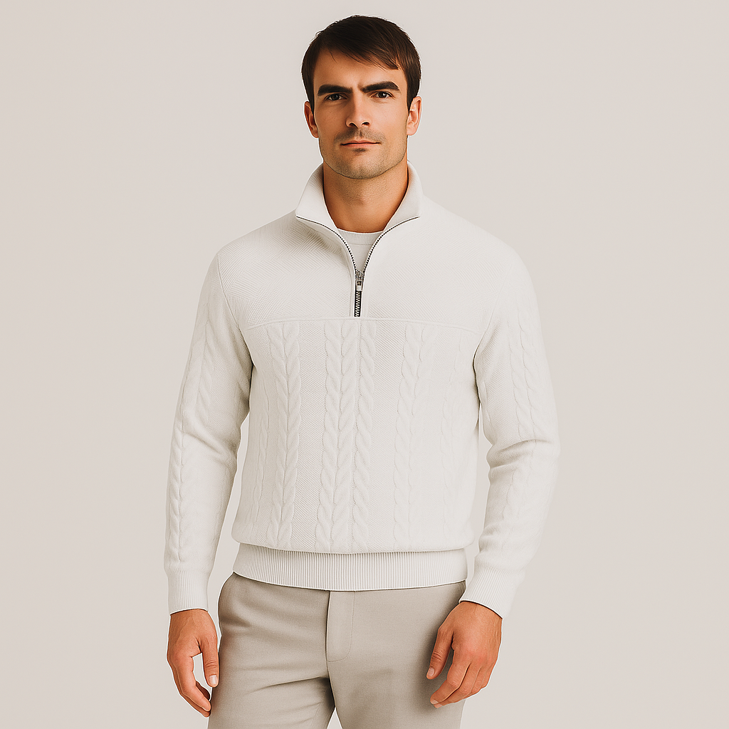 Vintares | Merino Half-Zip Sweater with High Collar - Cable Knitted