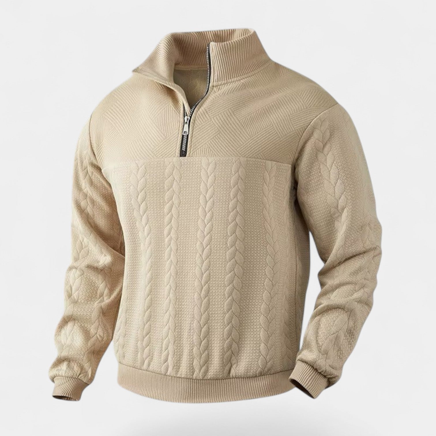 Vintares | Merino Half-Zip Sweater with High Collar - Cable Knitted