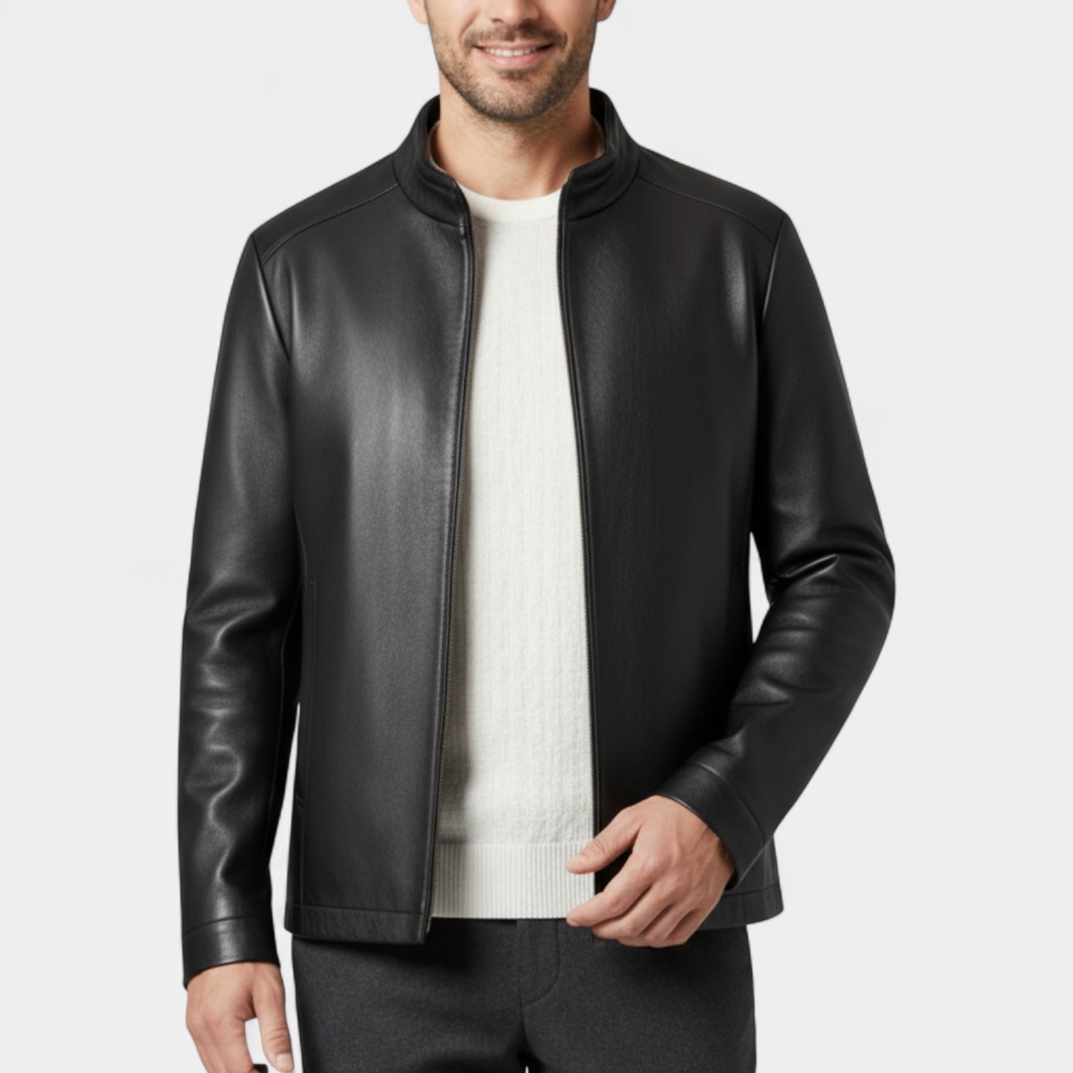 Vintares | Genuine Leather Stand Collar Jacket for Men – Minimalist Zip-Up Outerwear