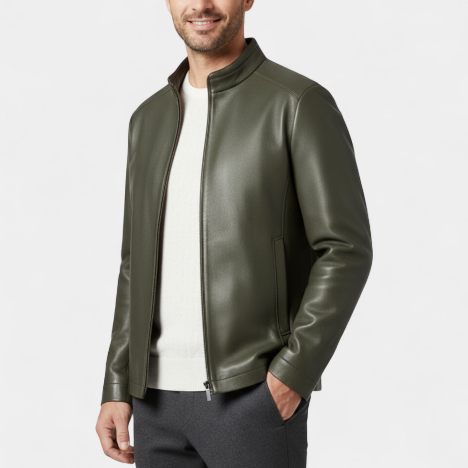 Vintares | Genuine Leather Stand Collar Jacket for Men – Minimalist Zip-Up Outerwear