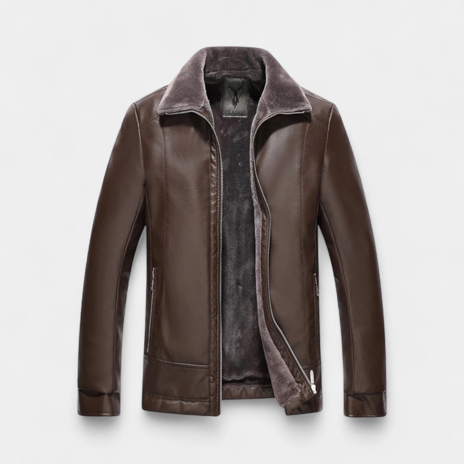 Vintares | Leather Biker Jacket with Fleece Lining and Fur Collar