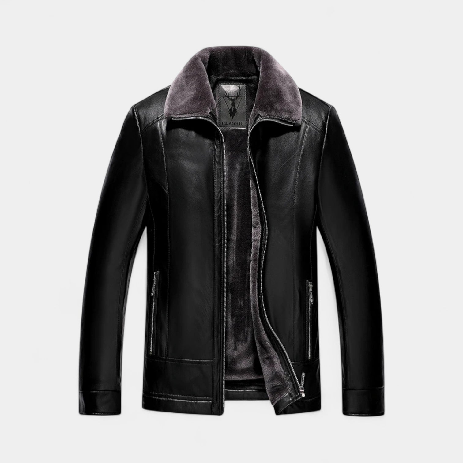 Vintares | Leather Biker Jacket with Fleece Lining and Fur Collar