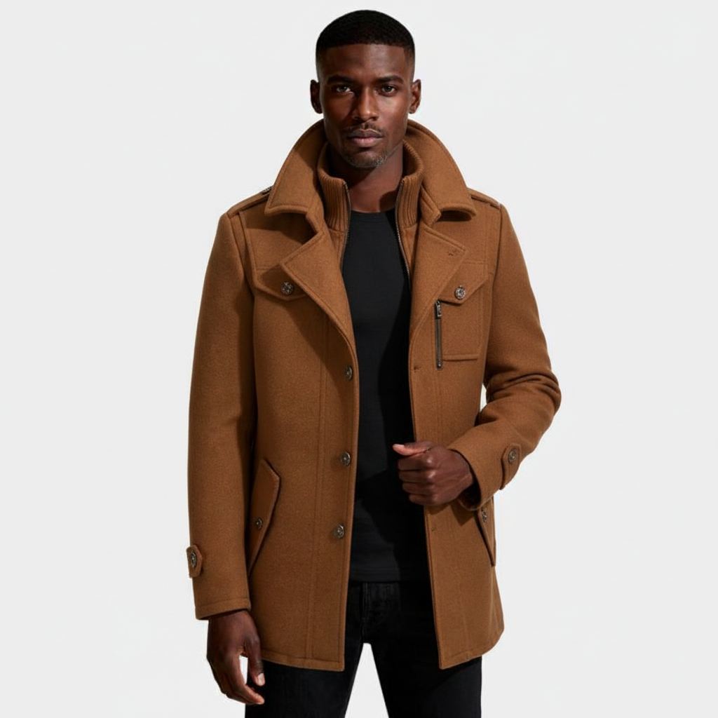 Mid-Length Wool-Style Coat Stand Collar Regular Fit for Men