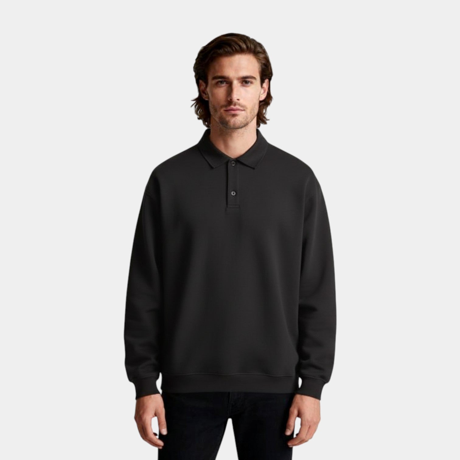 Long Sleeve Polo Pullover Ribbed Cuffs Relaxed Fit for Men