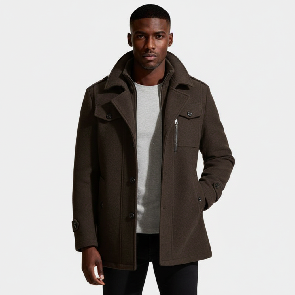 Mid-Length Wool-Style Coat Stand Collar Regular Fit for Men