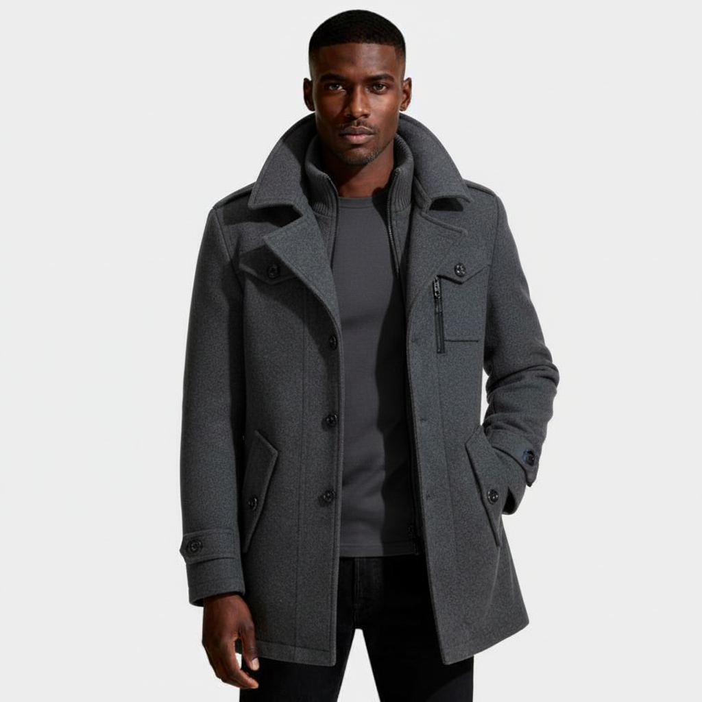 Mid-Length Wool-Style Coat Stand Collar Regular Fit for Men