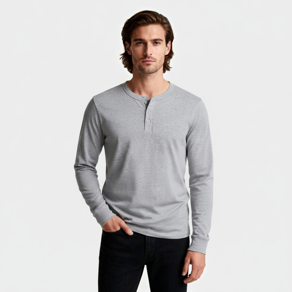 Long Sleeve Henley Shirt Button Placket Regular Fit for Men