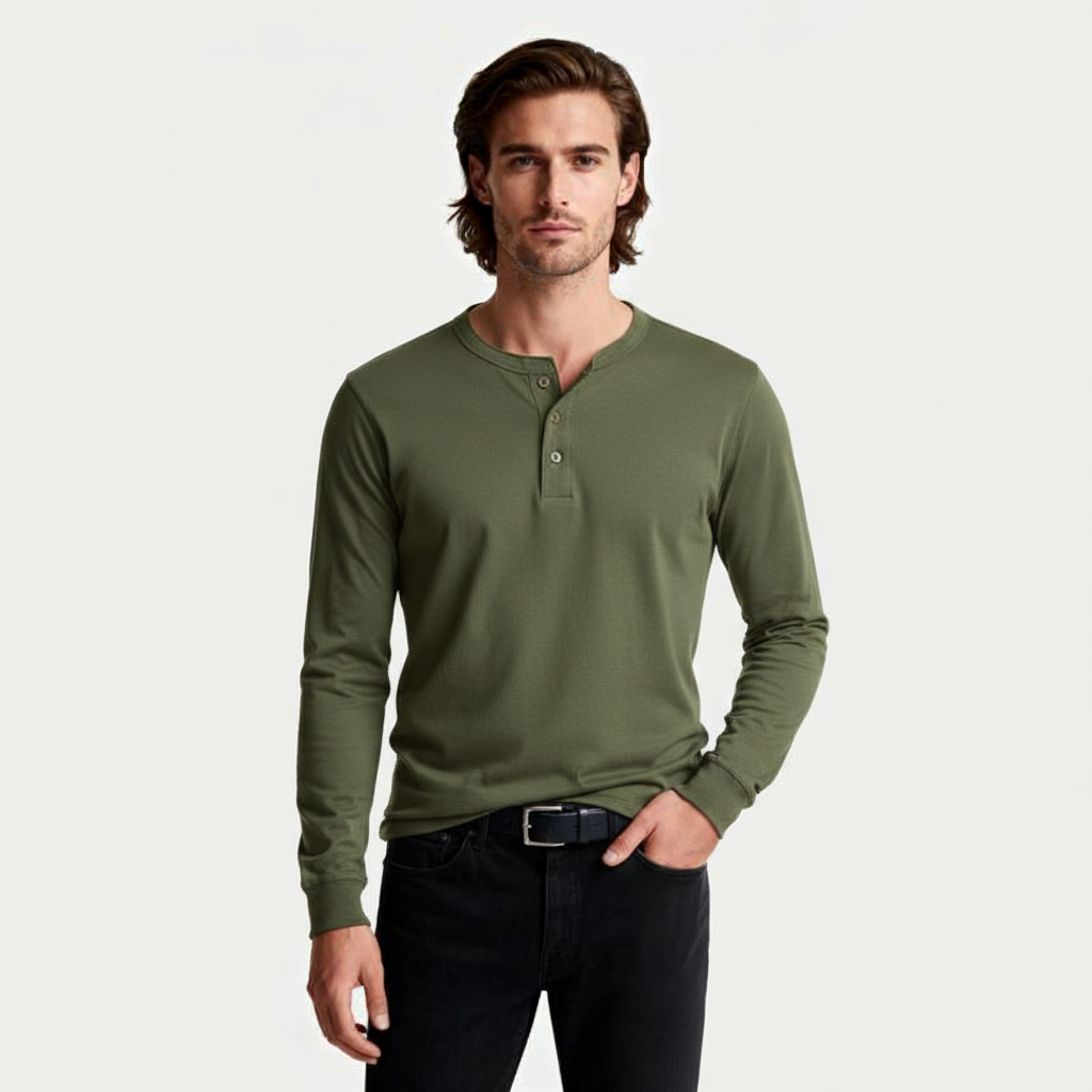 Long Sleeve Henley Shirt Button Placket Regular Fit for Men