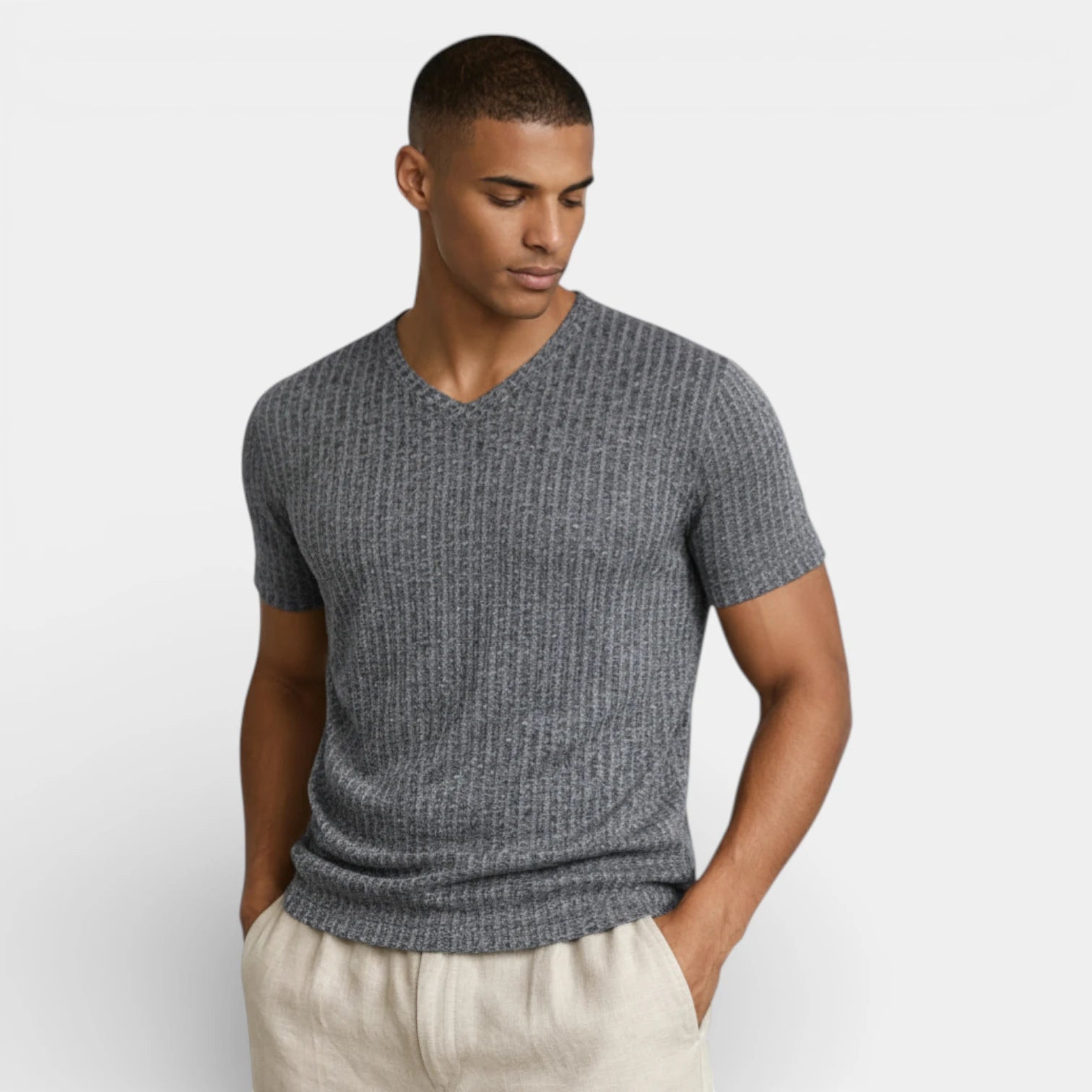 Ribbed V-Neck Knit T-Shirt Short Sleeve for Men