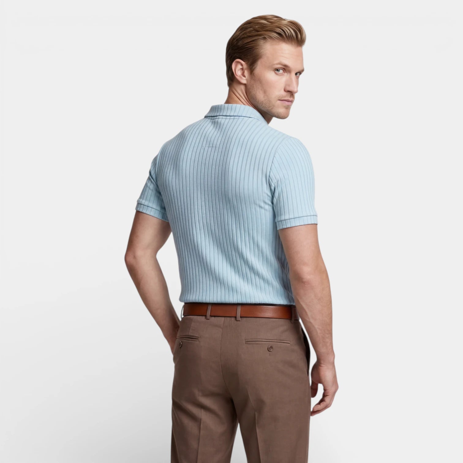 Ribbed Knit Zip Polo Shirt Short Sleeve Regular Fit for Men