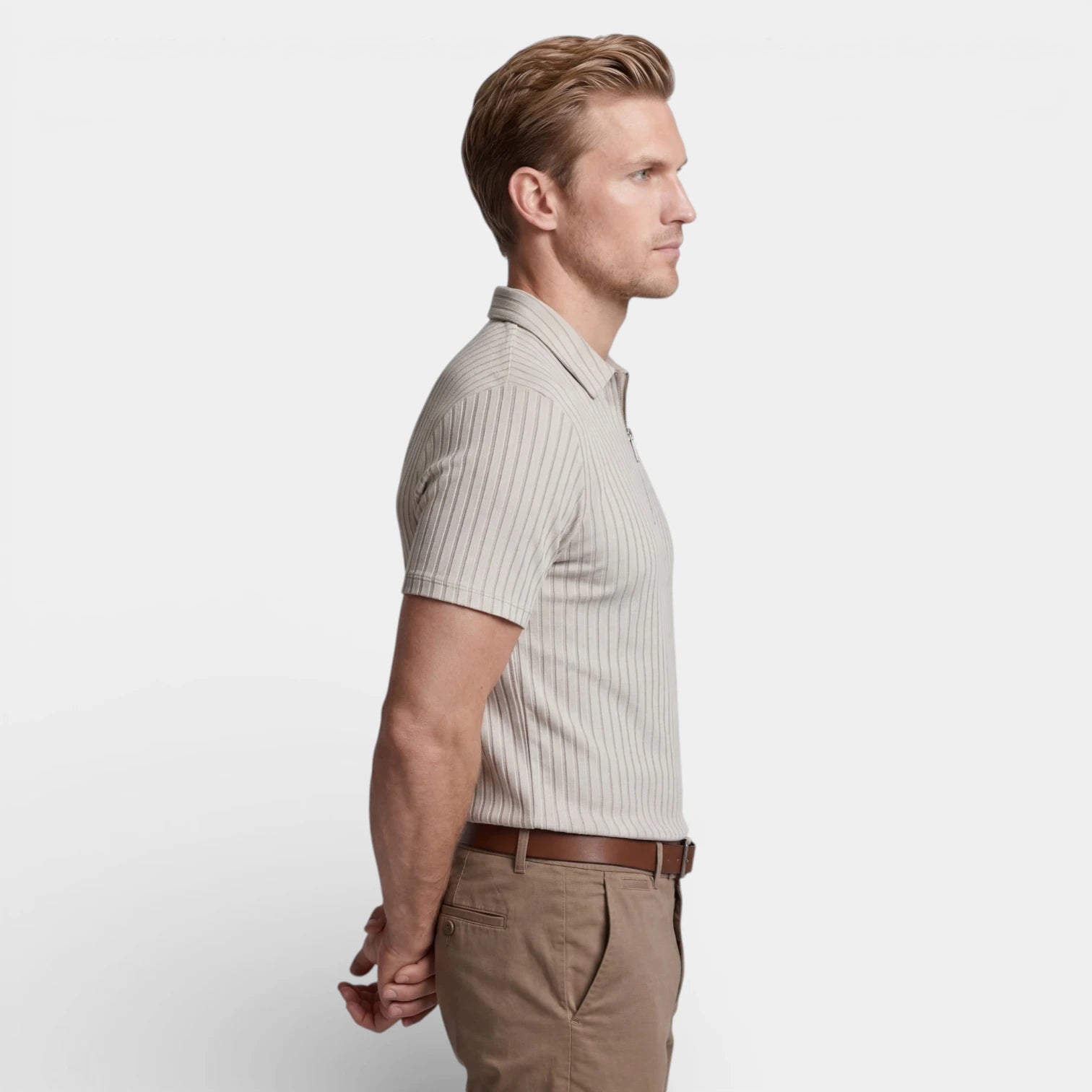 Ribbed Knit Zip Polo Shirt Short Sleeve Regular Fit for Men