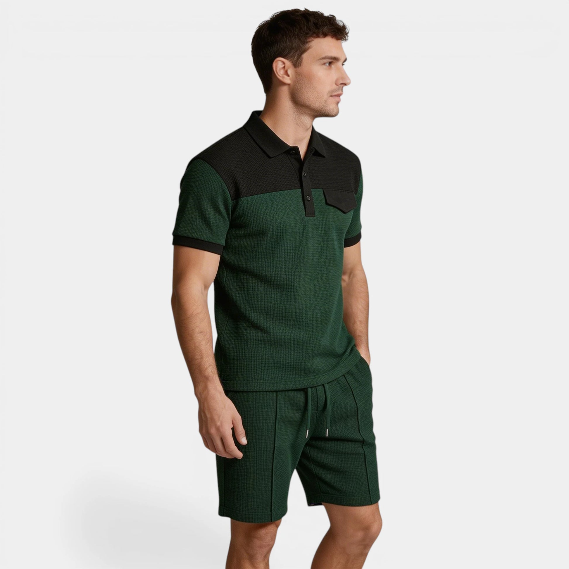 Waffle Texture Polo Shirt Shorts Set Regular Fit for Men