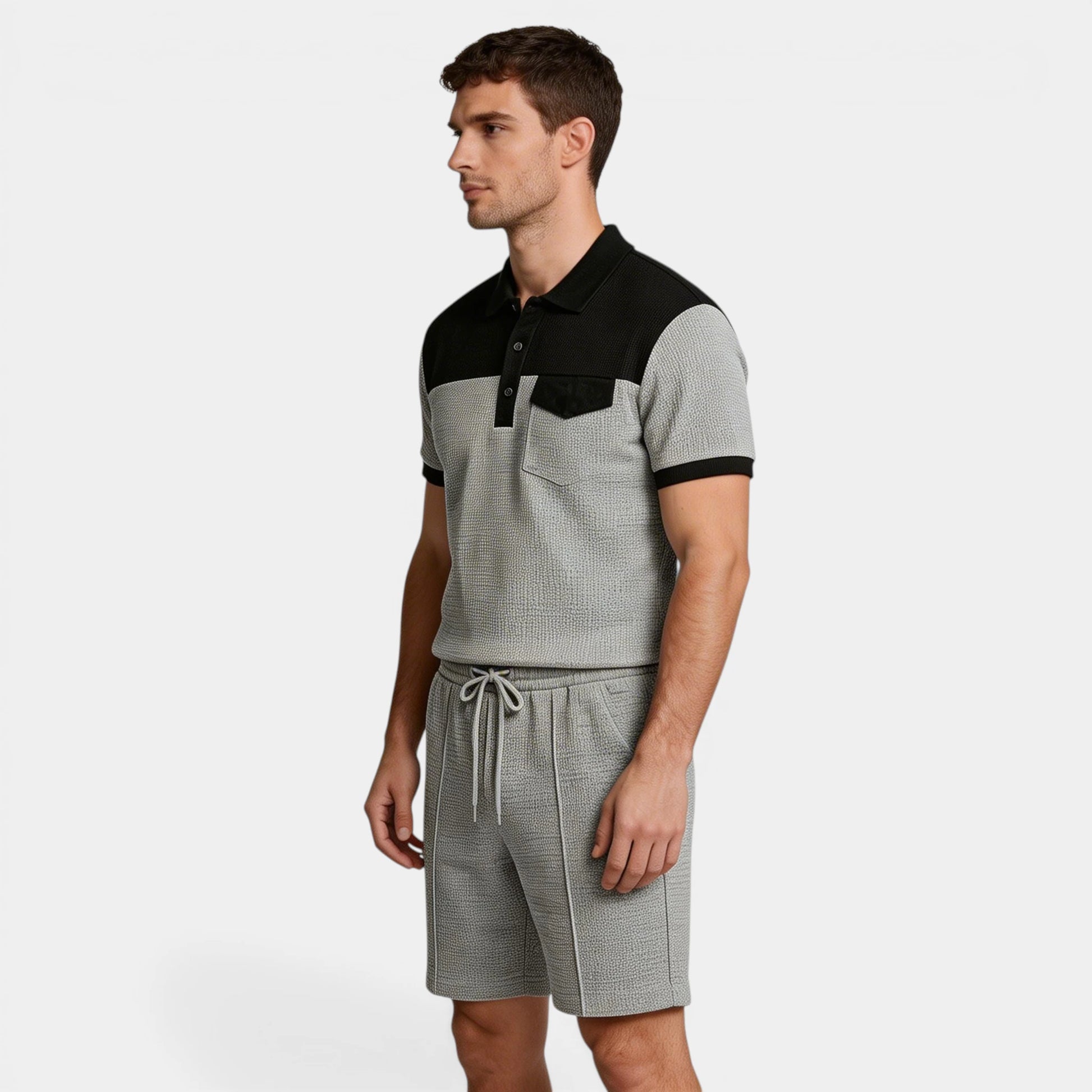 Waffle Texture Polo Shirt Shorts Set Regular Fit for Men