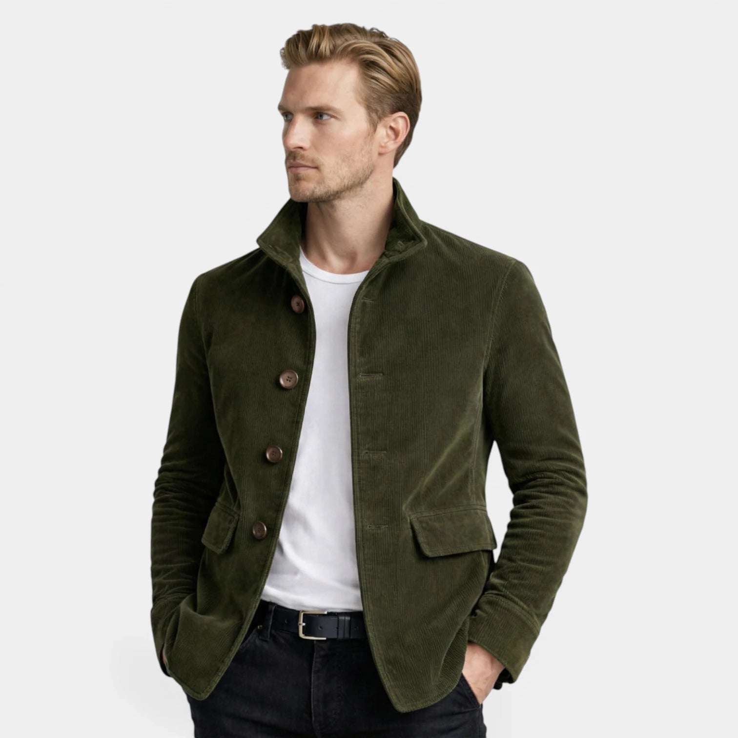 Stand Collar Corduroy Button-Up Jacket Regular Fit for Men