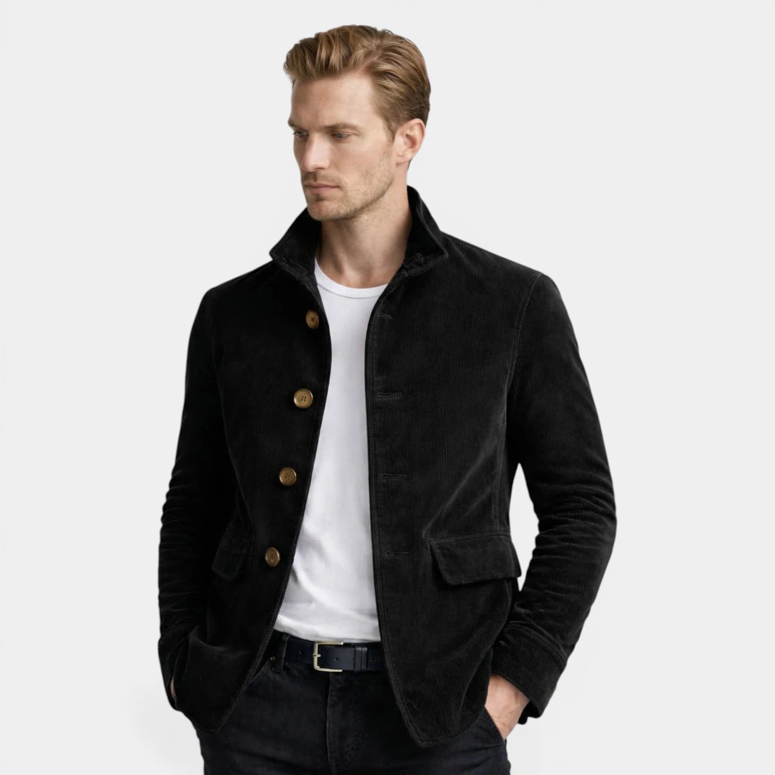 Stand Collar Corduroy Button-Up Jacket Regular Fit for Men
