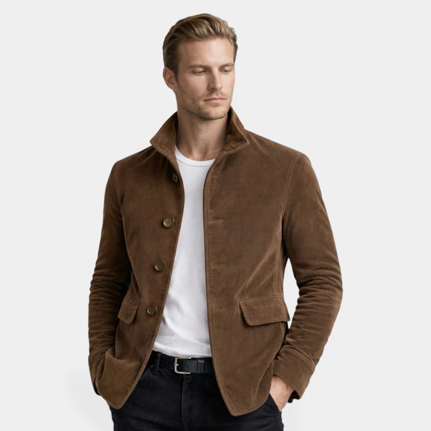 Stand Collar Corduroy Button-Up Jacket Regular Fit for Men