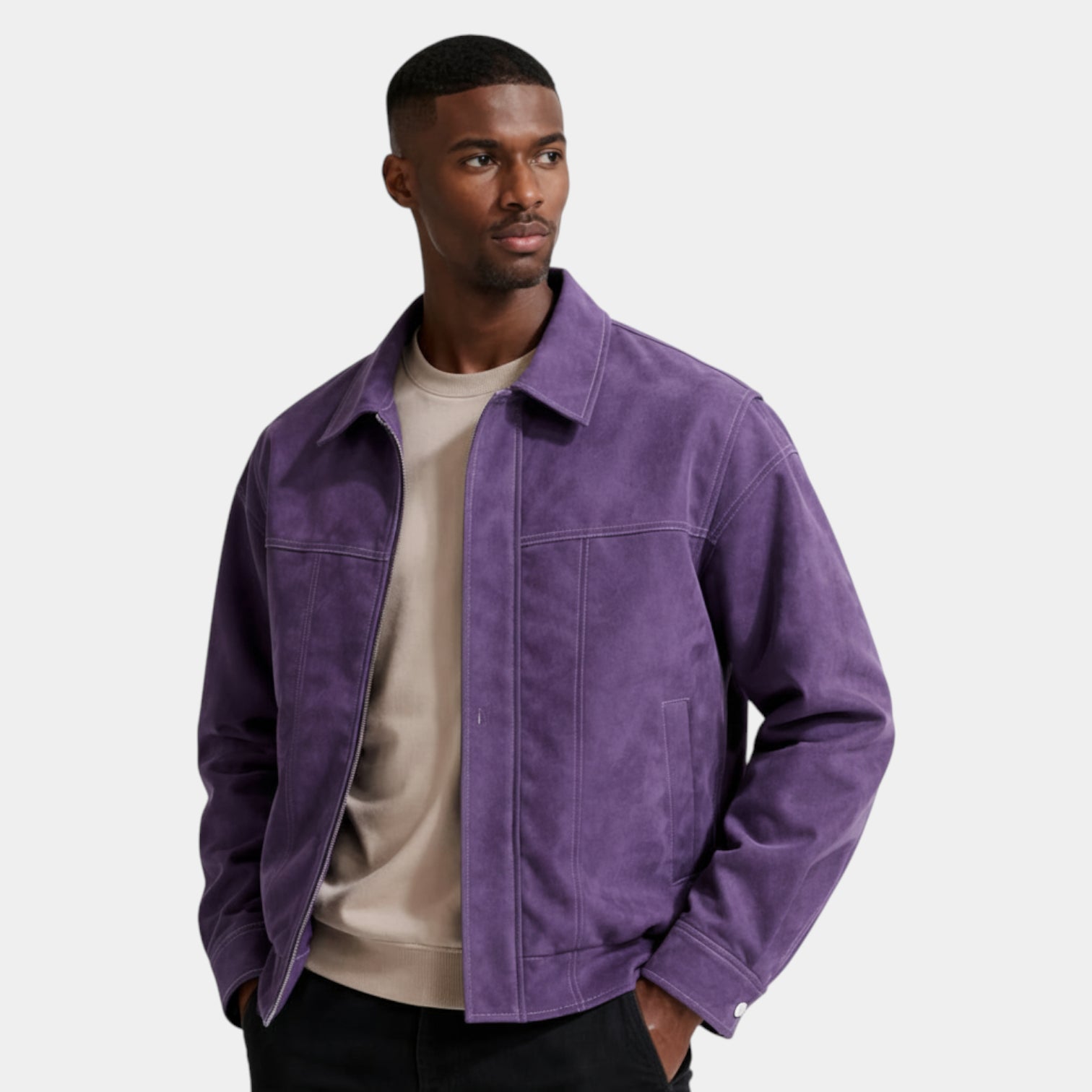 Collared Zip Jacket Suede-Touch Relaxed Fit for Men