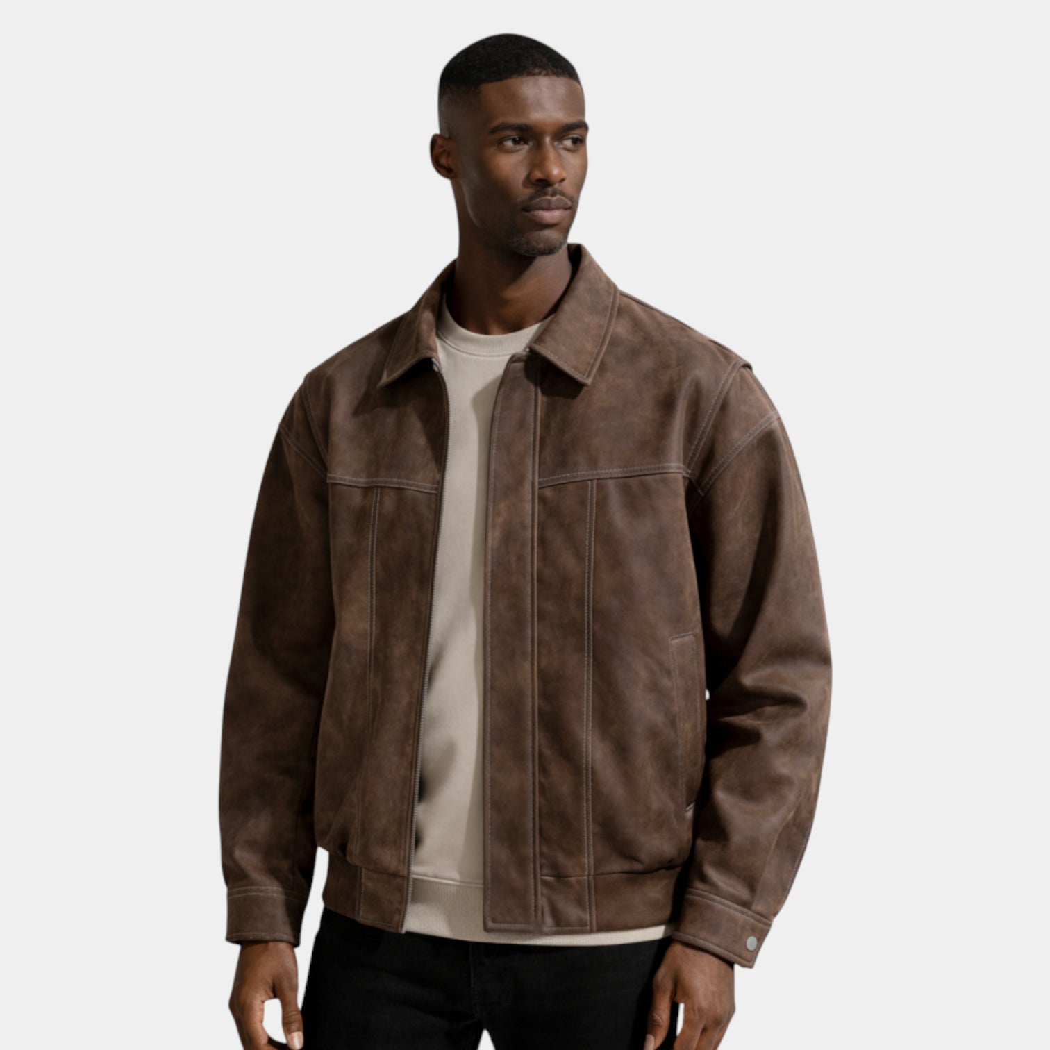 Collared Zip Jacket Suede-Touch Relaxed Fit for Men