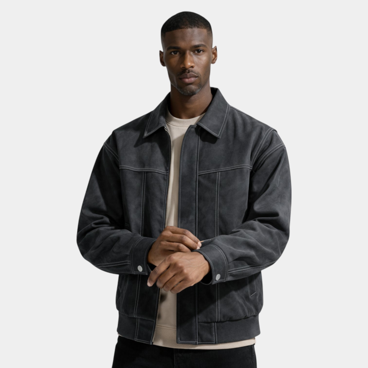 Collared Zip Jacket Suede-Touch Relaxed Fit for Men