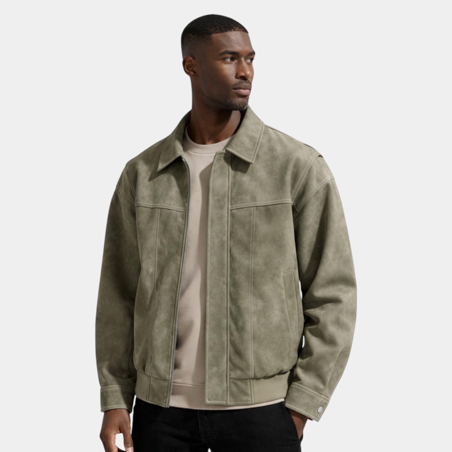 Collared Zip Jacket Suede-Touch Relaxed Fit for Men