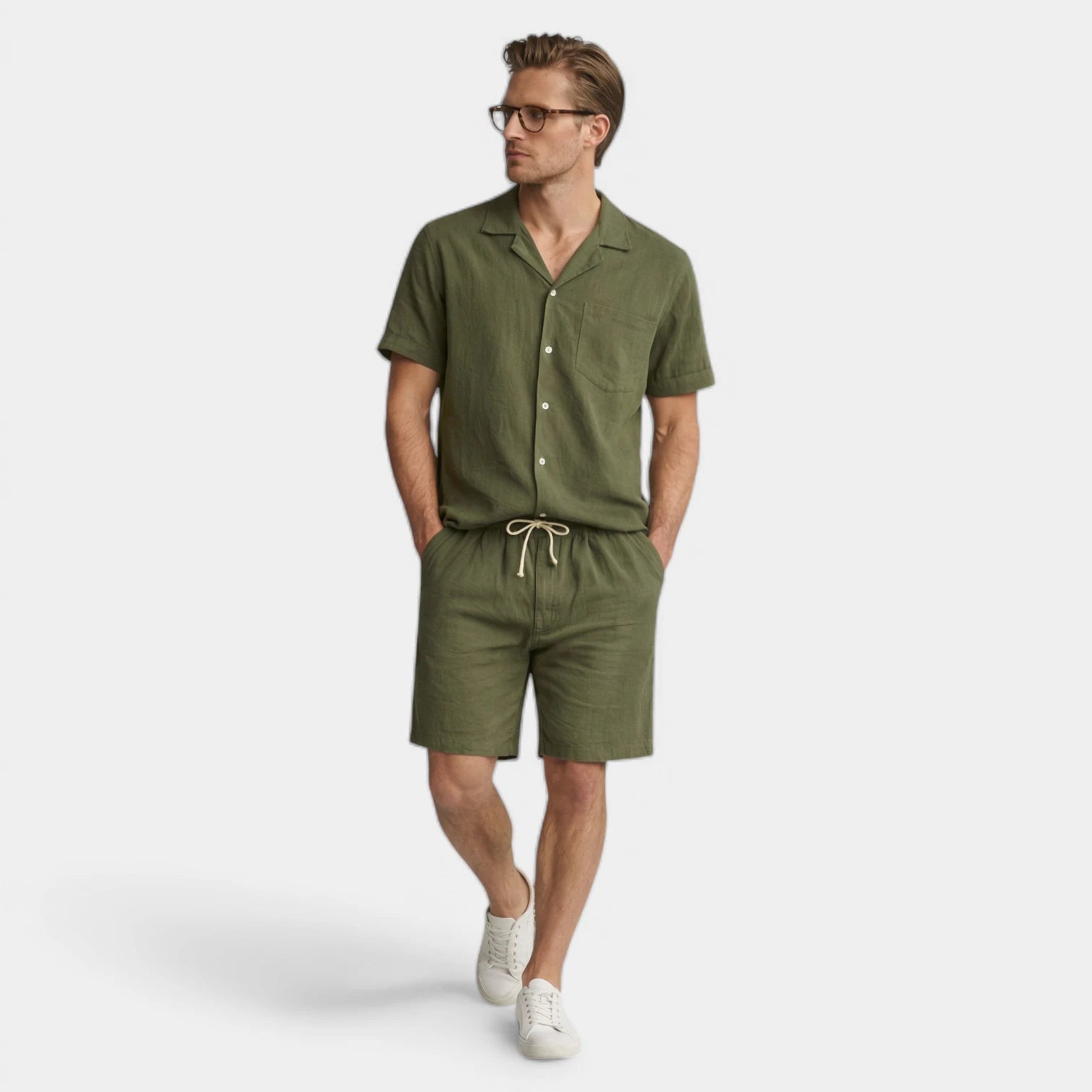 Vintares | Men’s Short Sleeve Button-Up Shirt and Drawstring Shorts Set