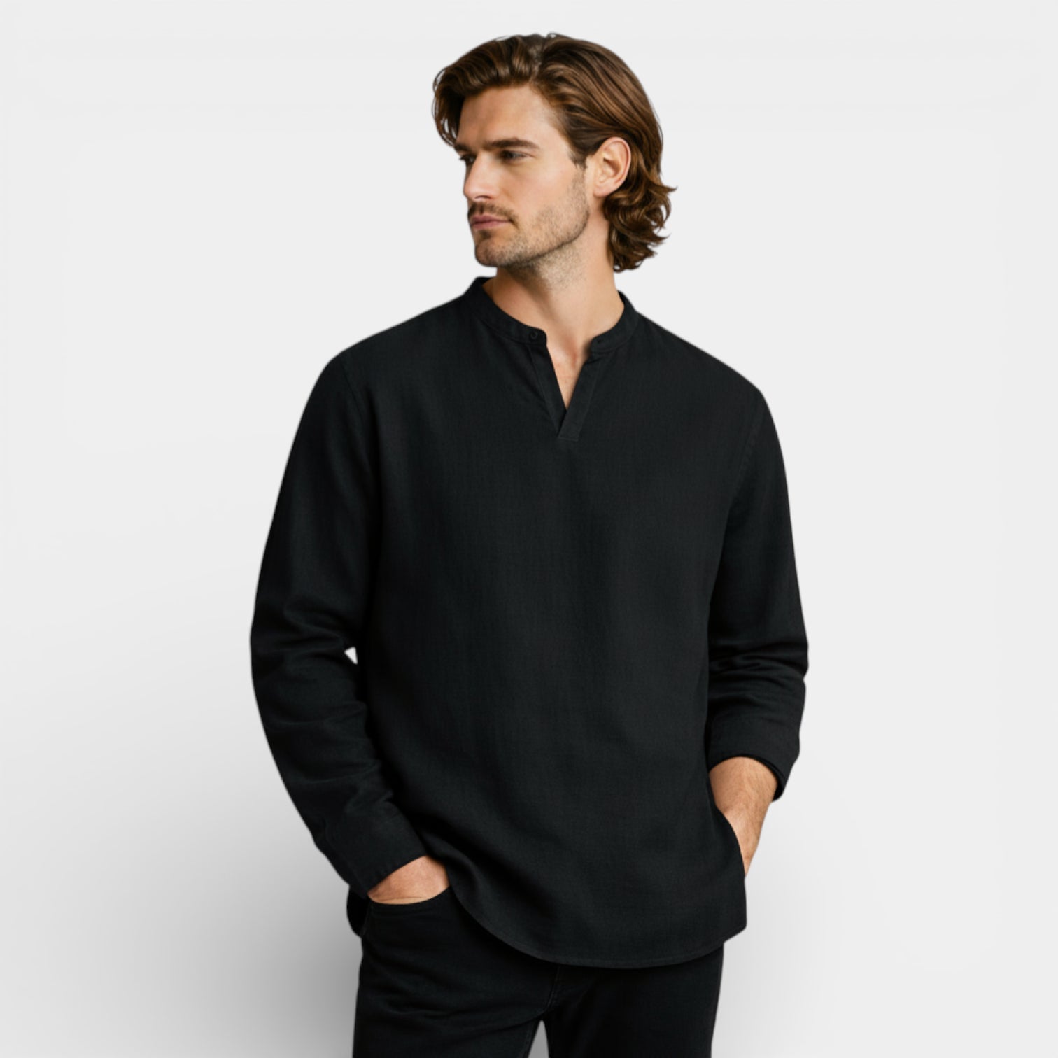 Split-Neck Pullover Shirt Long Sleeve Regular Fit for Men