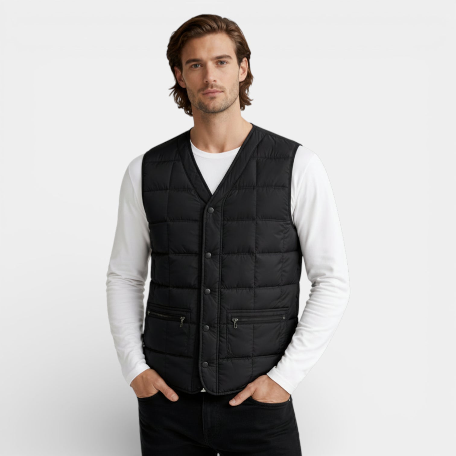 Vintares | Men’s Button-Up Quilted Vest with V-Neck and Zip Pockets